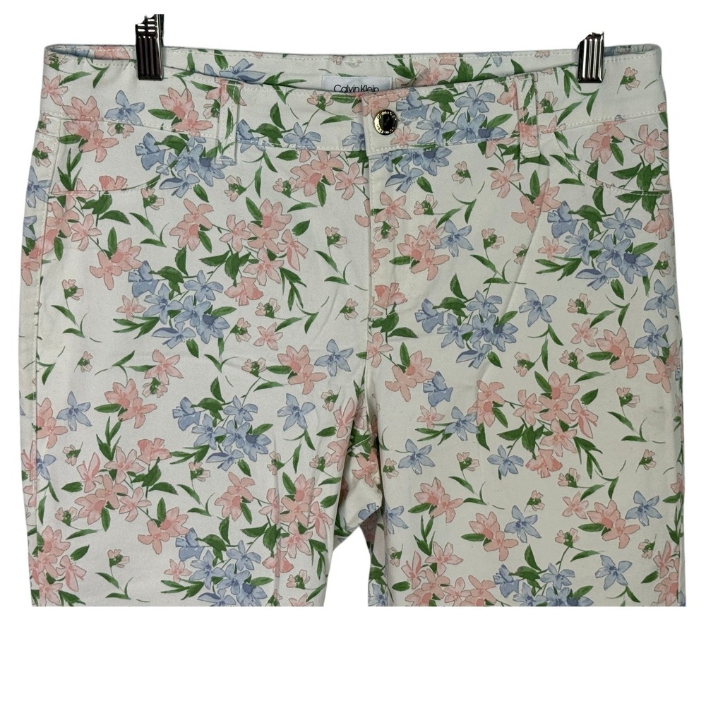 Calvin Klein Floral Skinny Pants Womens Sz 10 Pink Blue White Stretch Crop Ankle - Picture 2 of 6